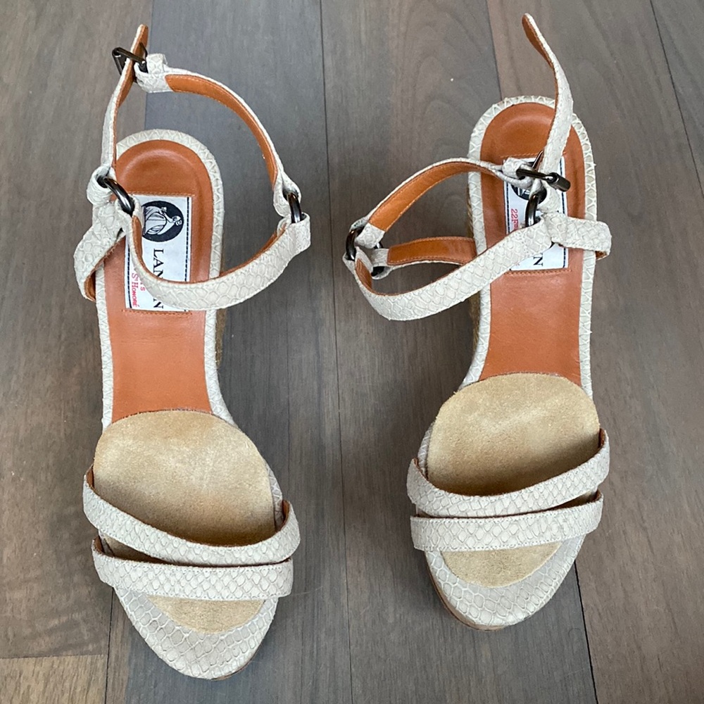 Lanvin Leather Ankle Strap Espardrille Wedge Heel in Beige